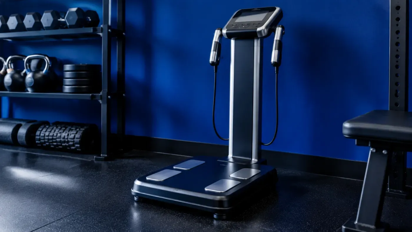 Gros plan sur un appareil de scan corporel par bioimpédance au sol dans un studio de sport, mur bleu profond, ambiance premium