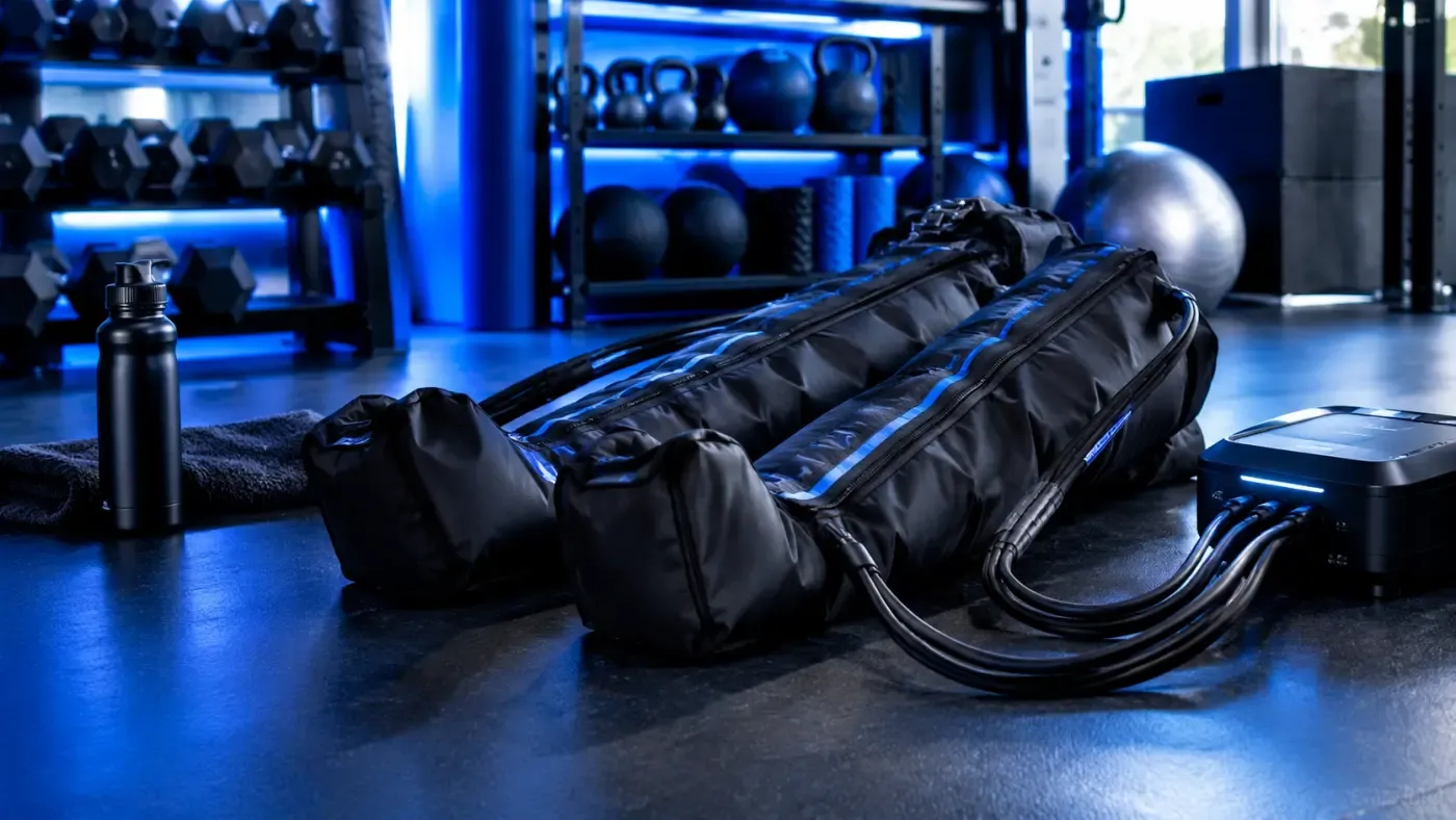 Bottes de compression posées au sol dans un studio de sport au mur bleu profond, ambiance premium