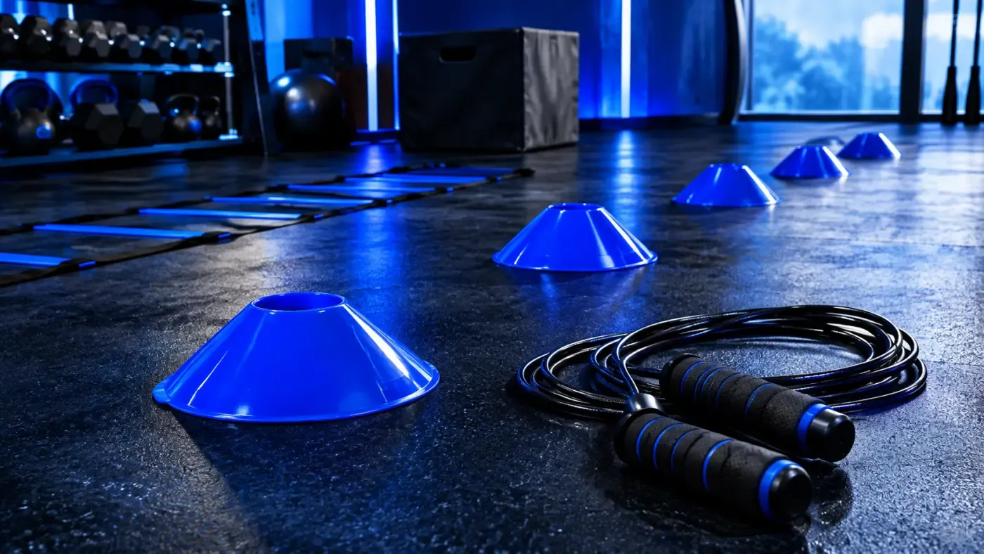 Salle de sport intimiste avec plots d'agilité et corde à sauter au sol, mur bleu profond, ambiance studio premium
