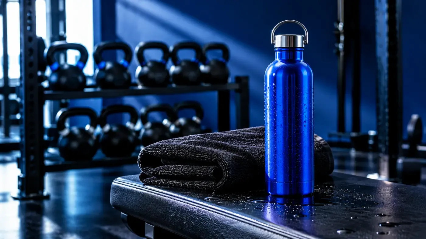 Gourde bleue posée sur un banc de salle de sport avec serviette noire, mur bleu électrique, éclairage latéral dramatique, ambiance premium