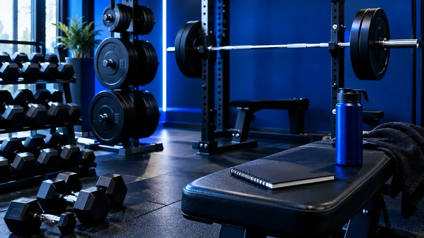 Haltères, barre et disques de musculation dans un studio de sport au mur bleu profond, carnet d'entraînement posé sur un banc