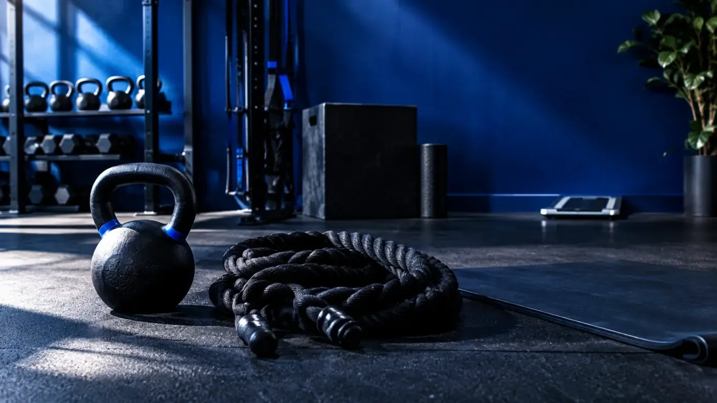 Kettlebell, corde d'entraînement et tapis de sol dans un studio de sport au mur bleu profond, balance de salle de bain au second plan