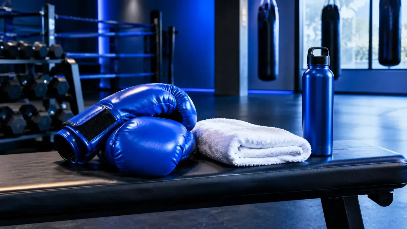 Gants de boxe bleus, serviette blanche pliée et gourde bleue posés sur un banc en cuir noir, dans une salle de sport éclairée en bleu électrique avec ring et sacs de frappe flous en arrière-plan